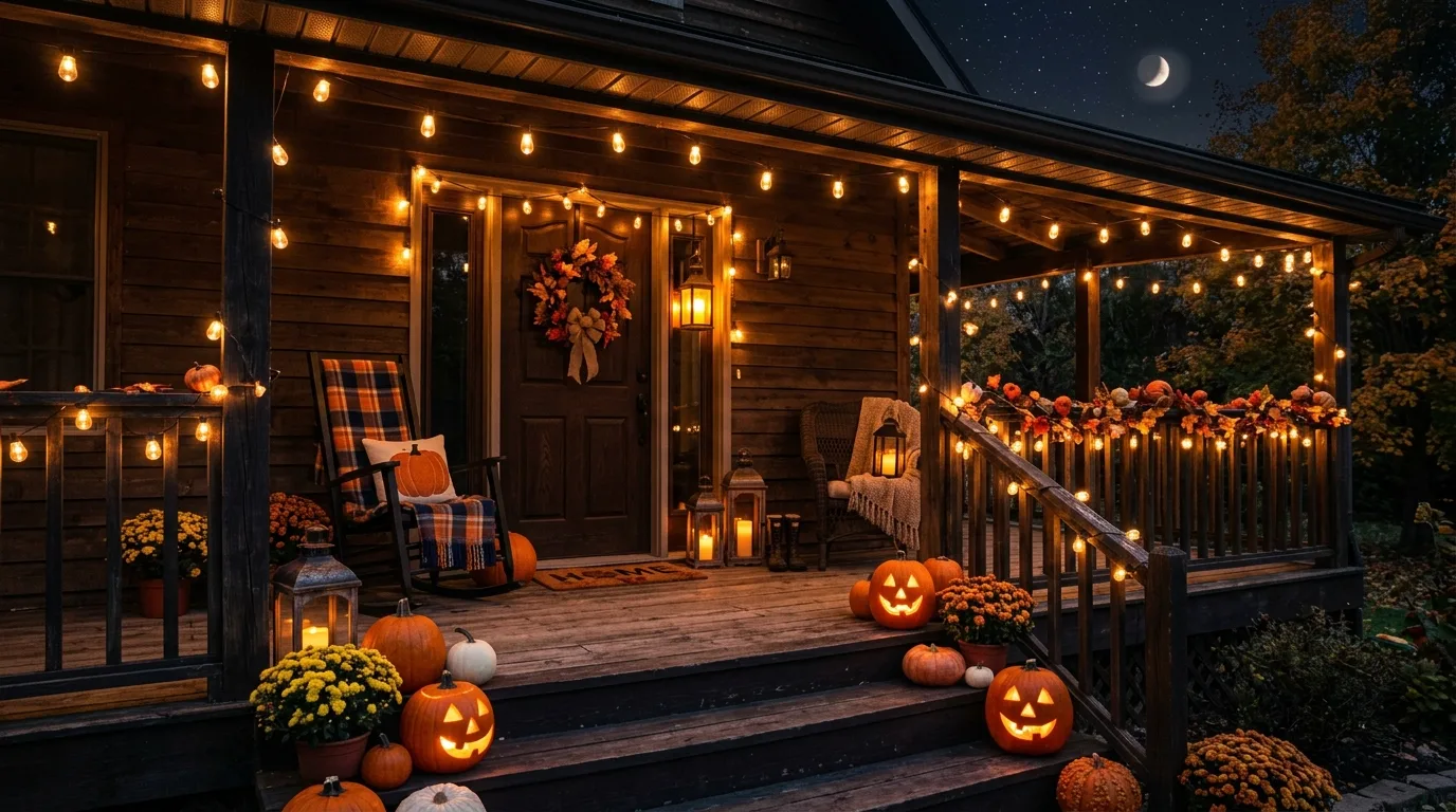 Porch decorated at night with string lights, pumpkins, and lanterns