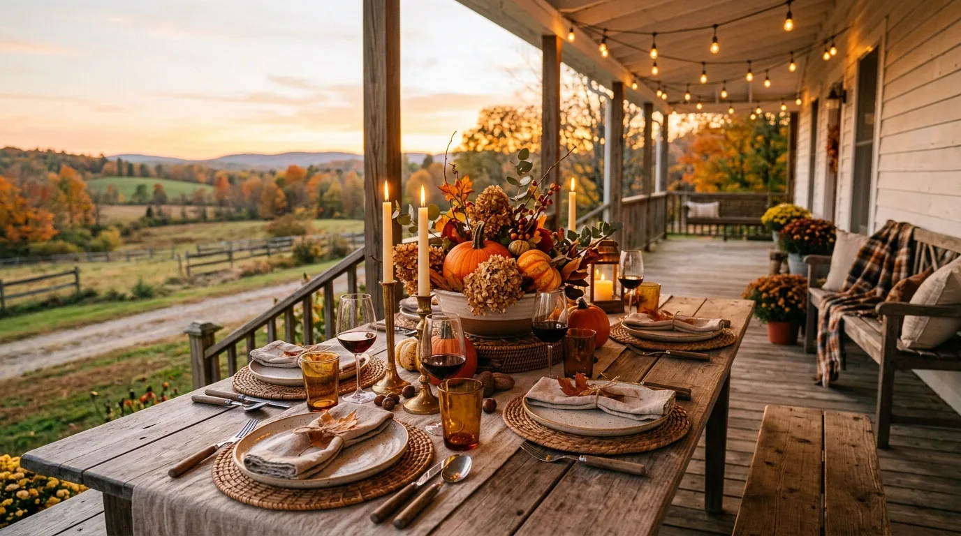 Farmhouse outdoor table on porch with fall centerpiece and candles