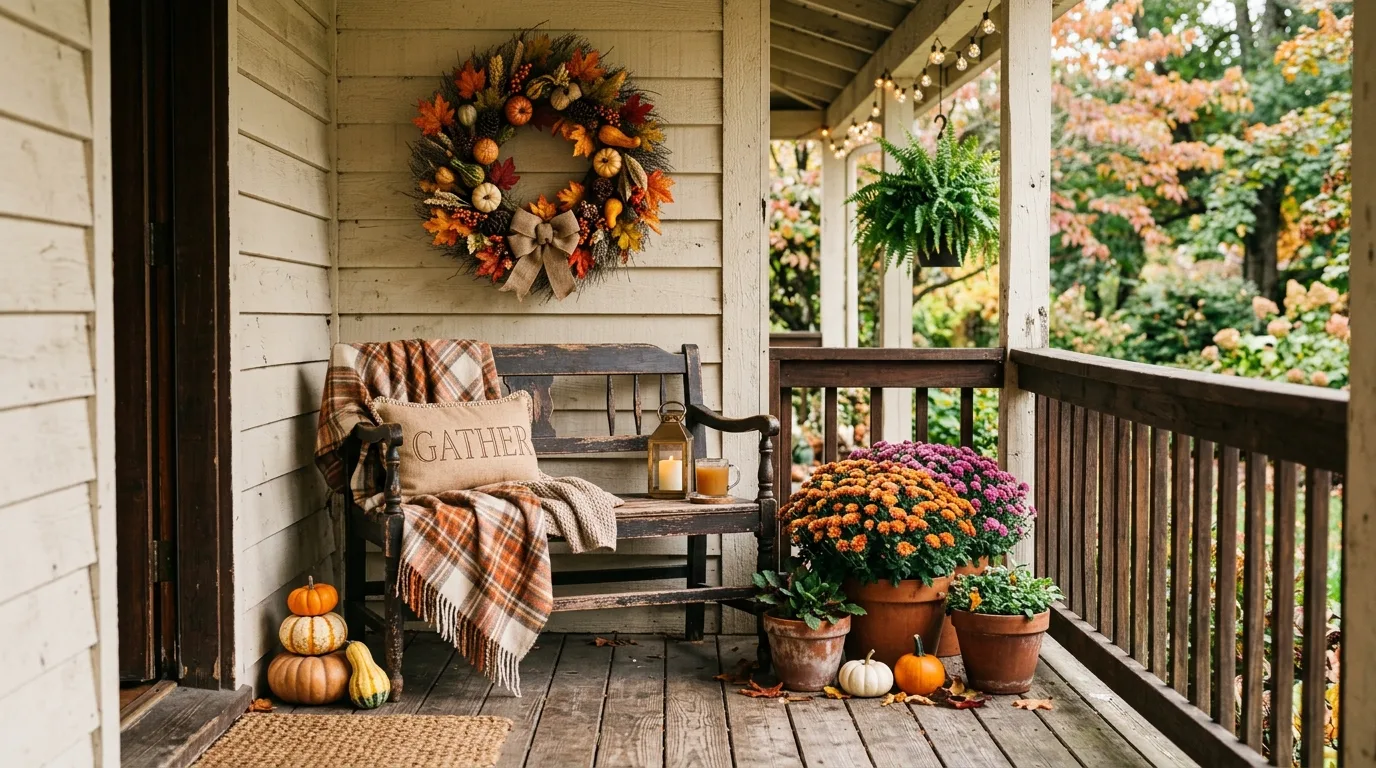 Small cozy porch corner with fall wreath, potted mums, and rustic bench