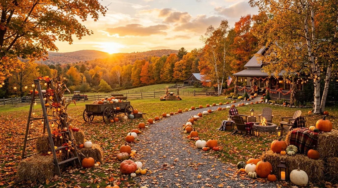 Wide scenic yard decorated with autumn leaves, pumpkins, and rustic fall props