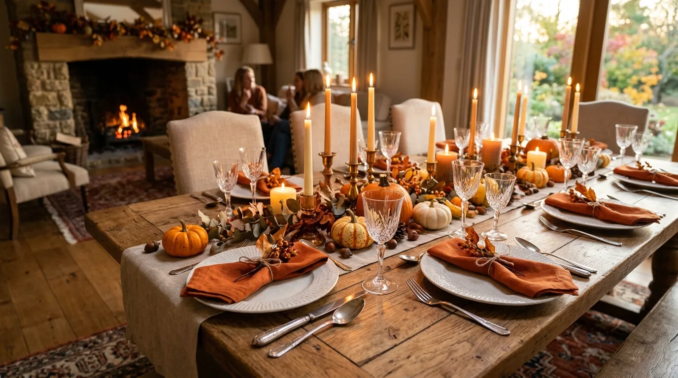 Warm fall tablescape with pumpkins, candles, and orange napkins