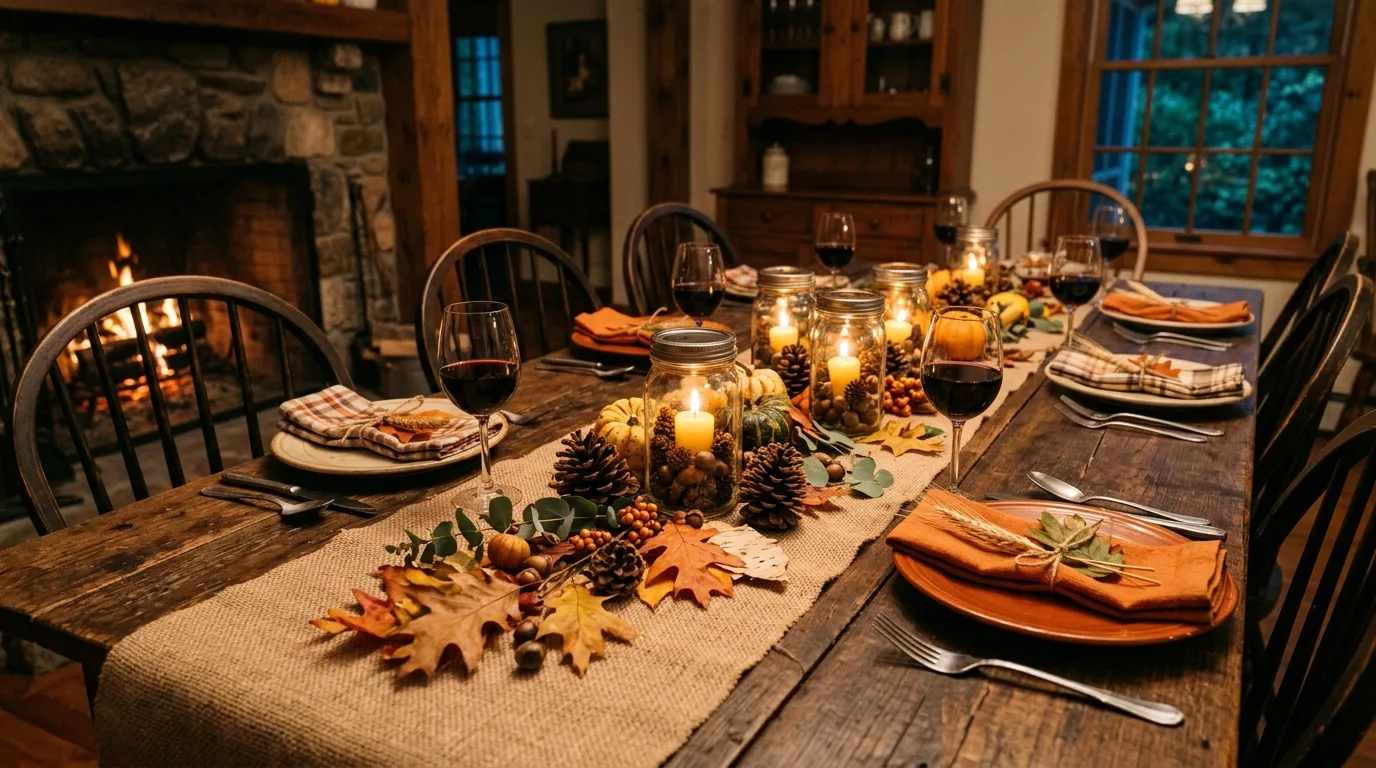 Rustic farmhouse fall tablescape with burlap runner and mason jar candles