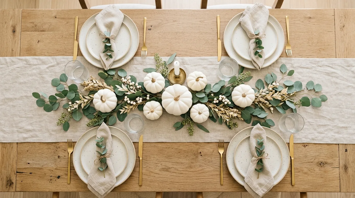 Minimalist fall tablescape with white pumpkins and eucalyptus
