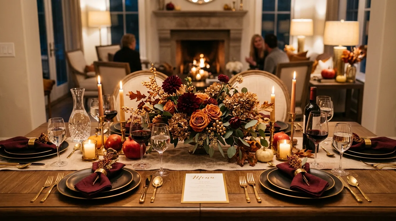 Luxurious fall dinner table with burgundy napkins and gold cutlery