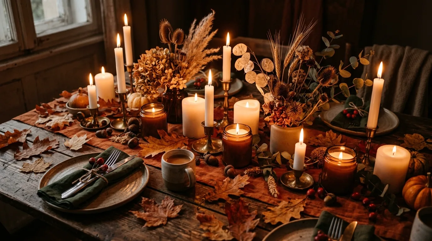 Candlelit fall tablescape with dried flowers and autumn leaves