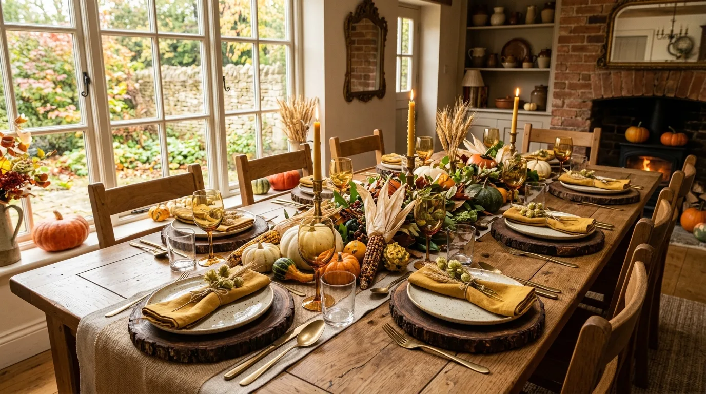 Harvest-themed fall tablescape with gourds and rustic chargers