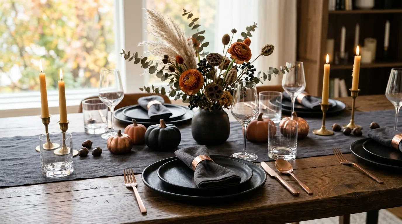 Modern fall tablescape with black plates and copper accents