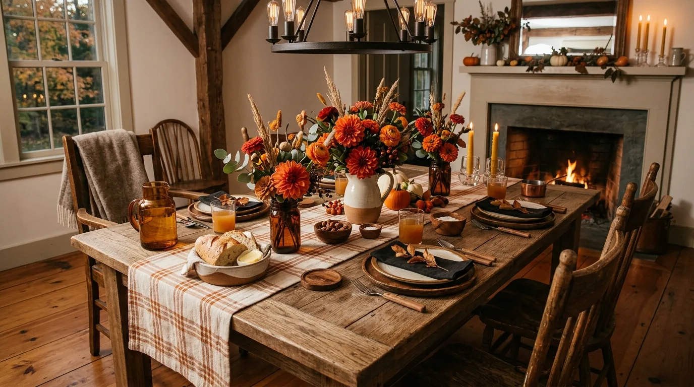 Farmhouse fall dining setup with plaid runner and orange flowers