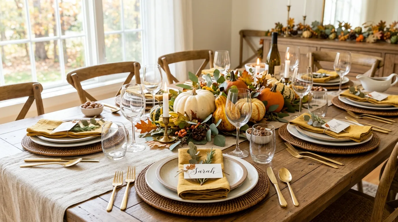 Thanksgiving-inspired tablescape with layered plates and name cards