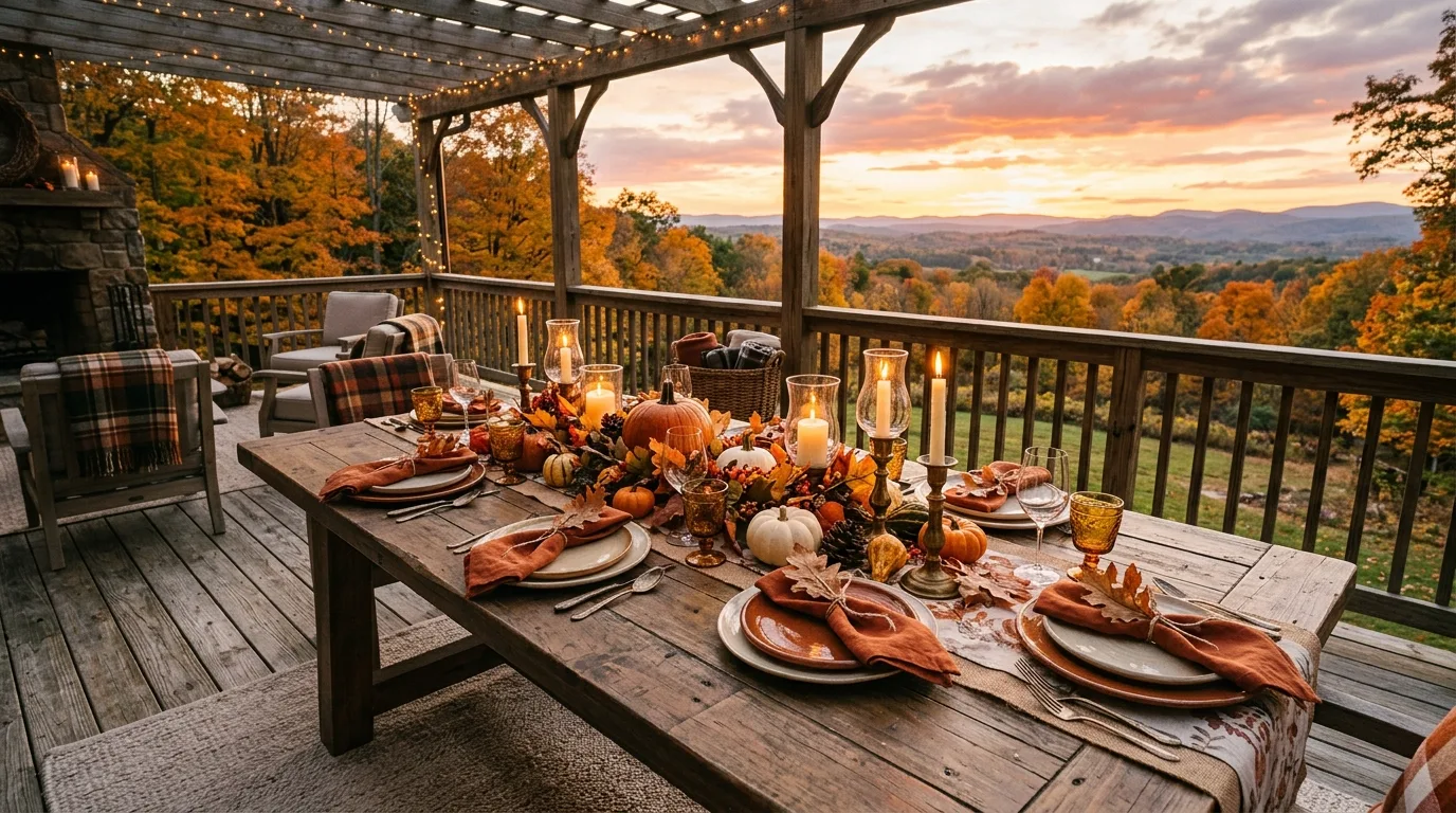 Rustic outdoor fall tablescape on a patio table at sunset