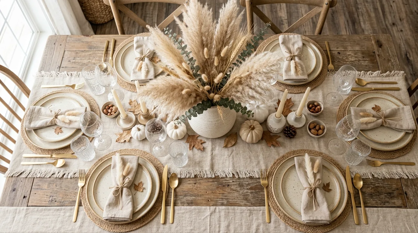 Neutral boho fall tablescape with pampas grass and beige linens