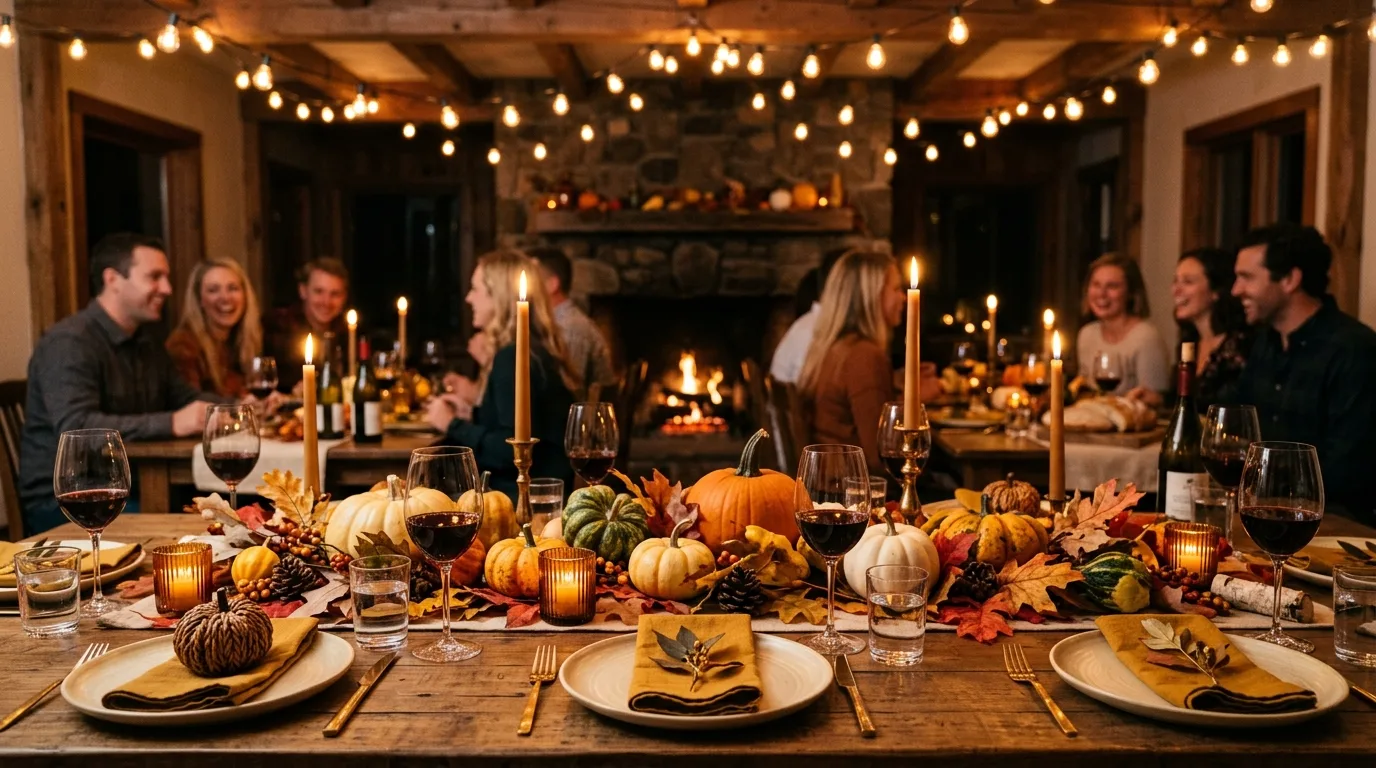 Festive autumn tablescape with mixed pumpkins and glowing string lights