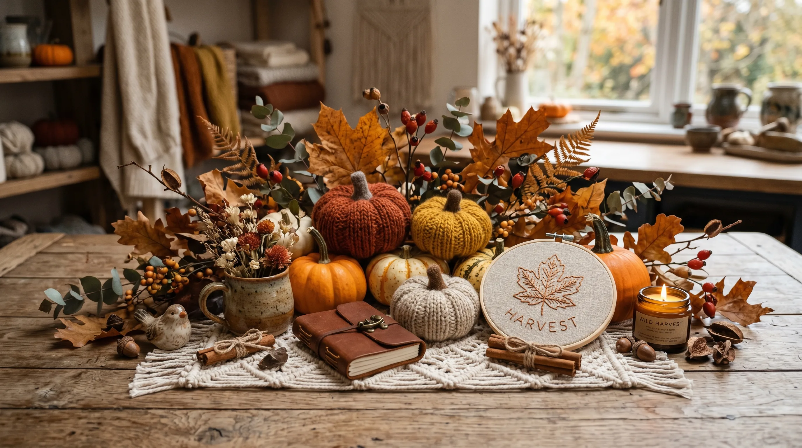 Wood craft decorated with mini pumpkins