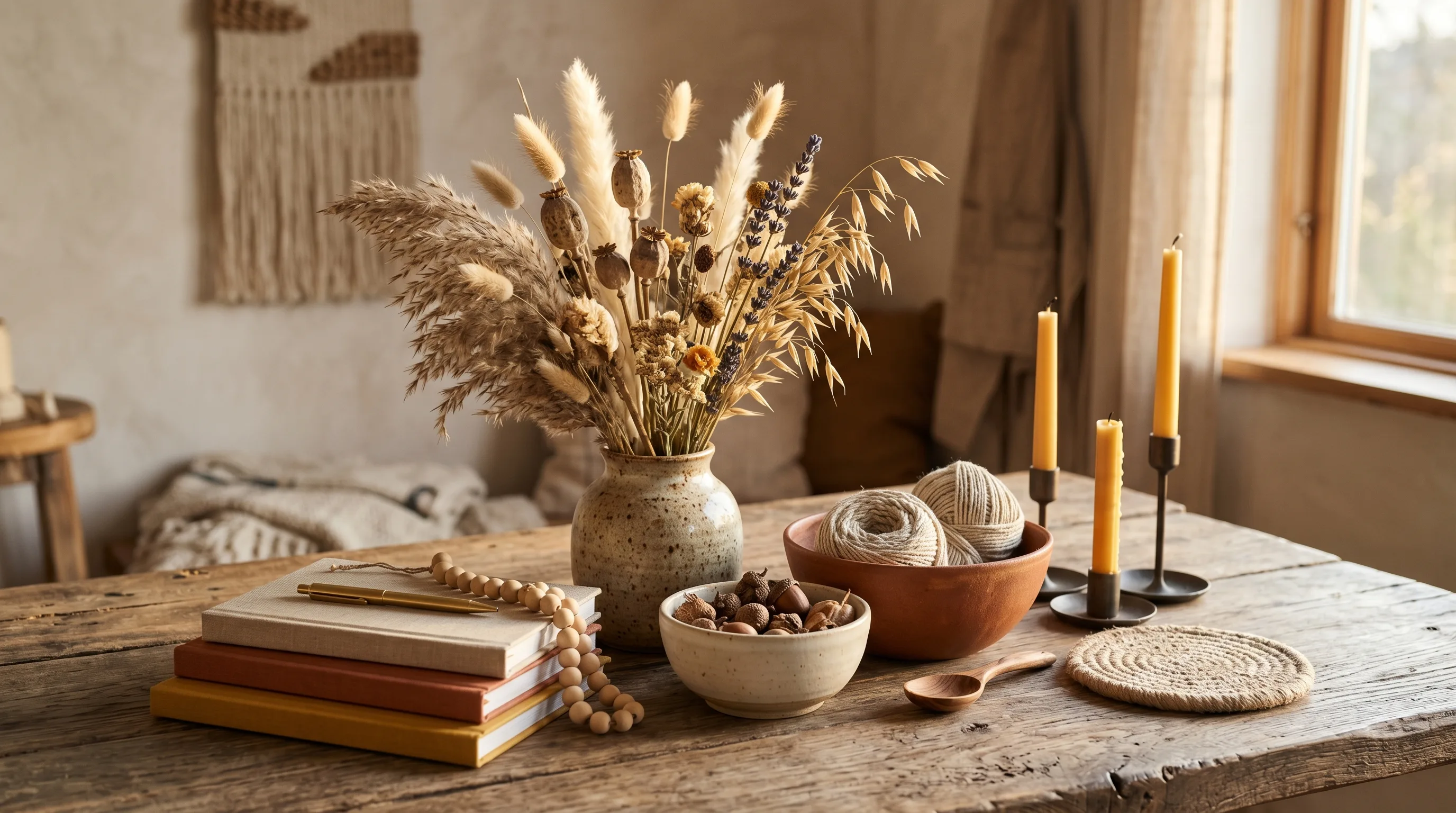 Fall wood craft styled with dried grasses