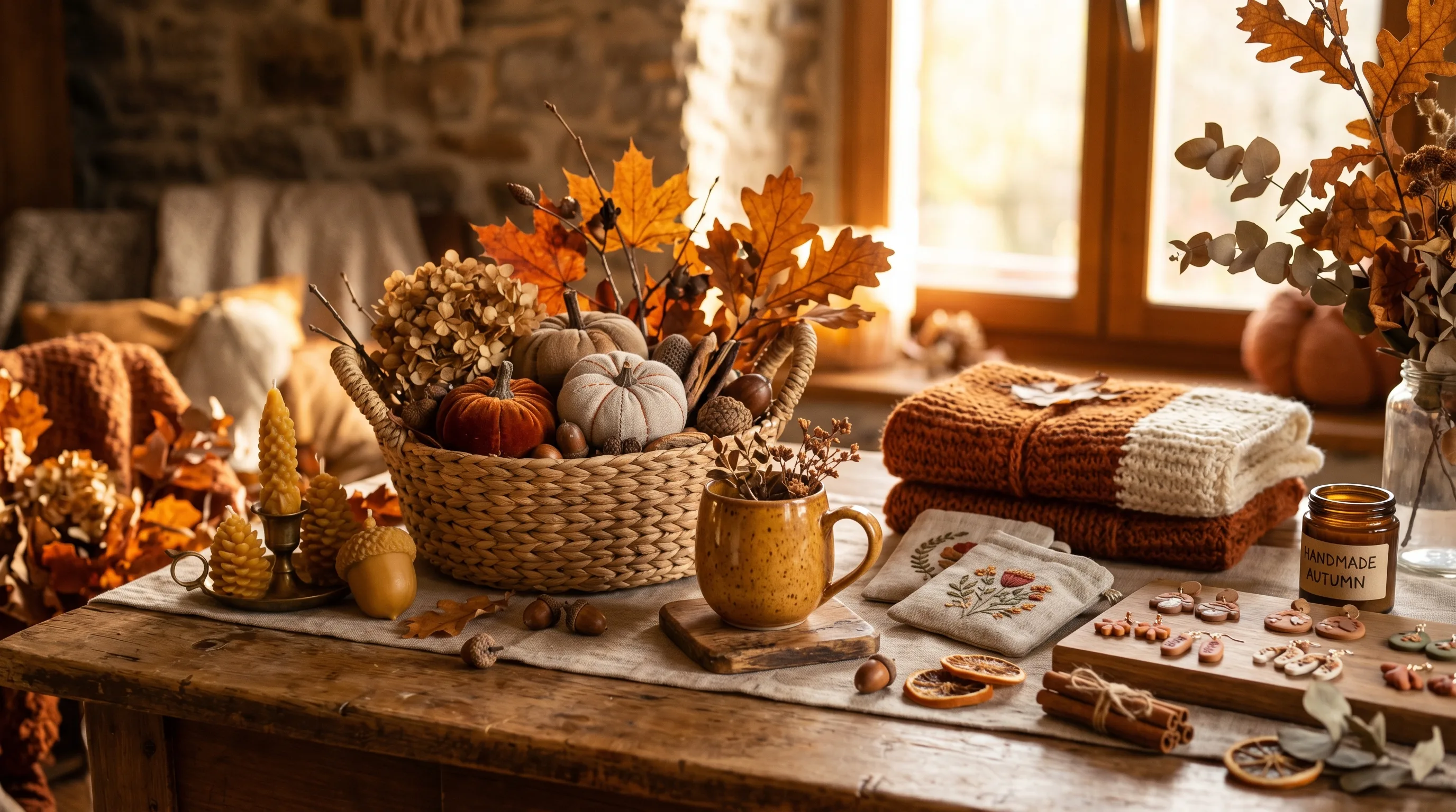 DIY fall wood craft with amber foliage accents