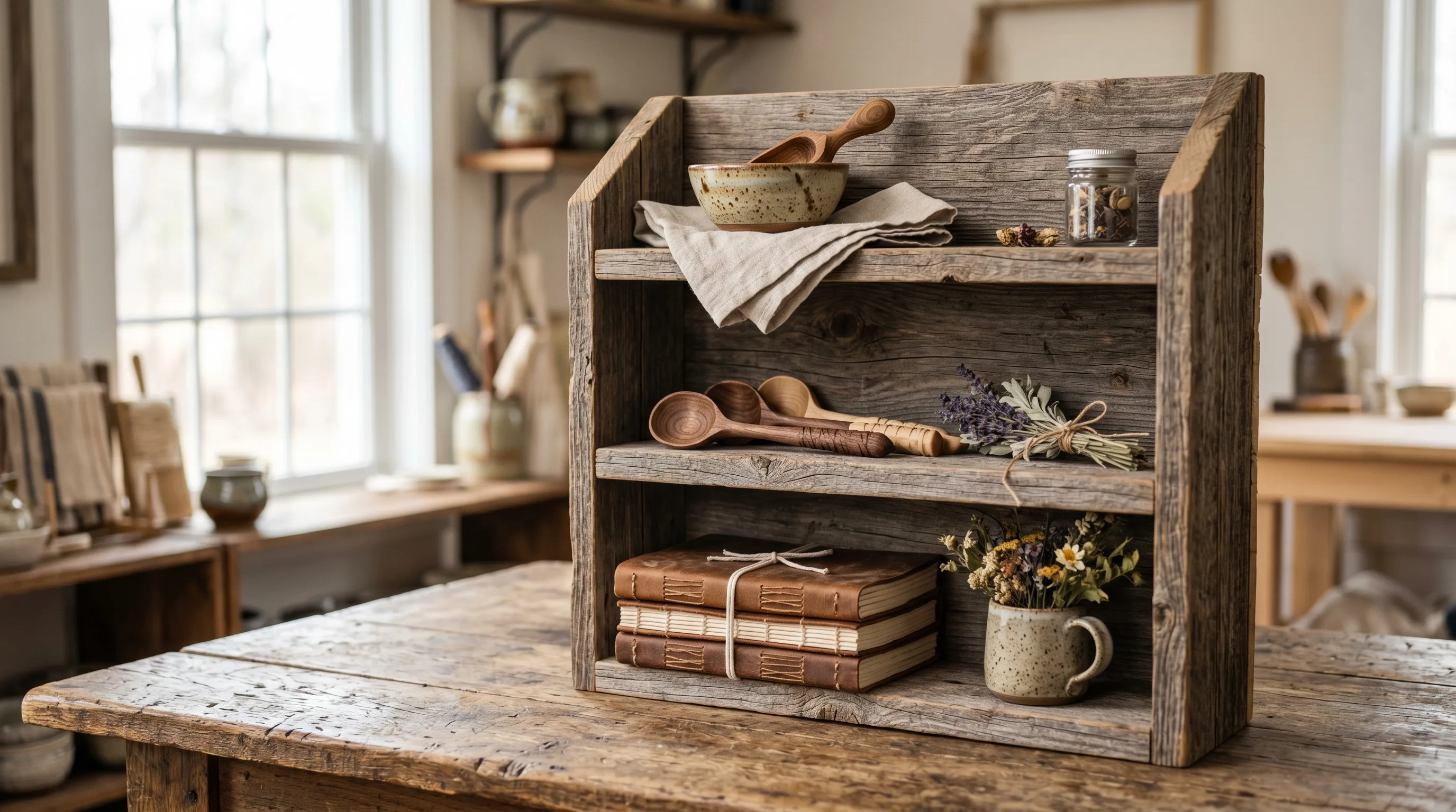 Weathered wood fall craft on a tabletop