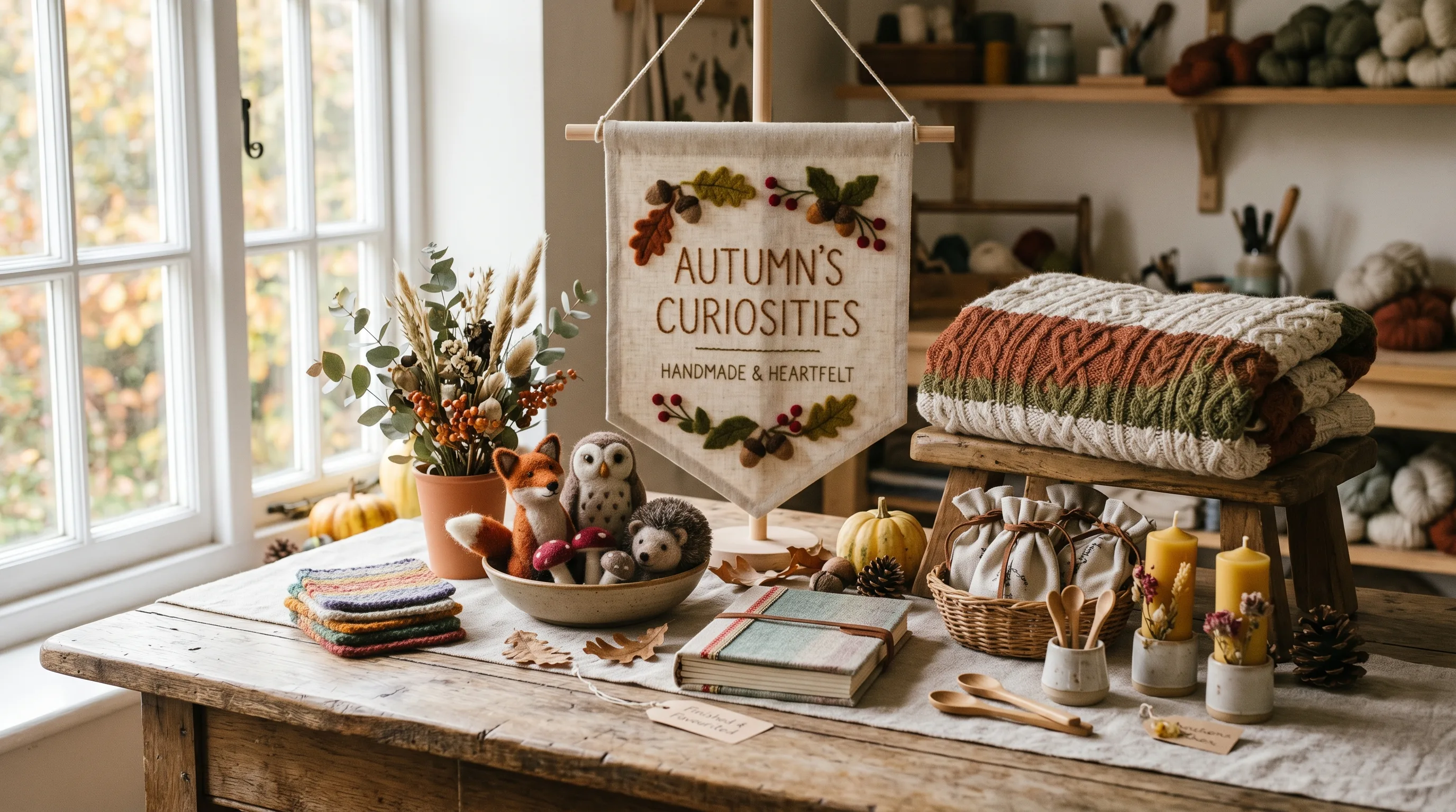 Editorial-style fall wood craft display
