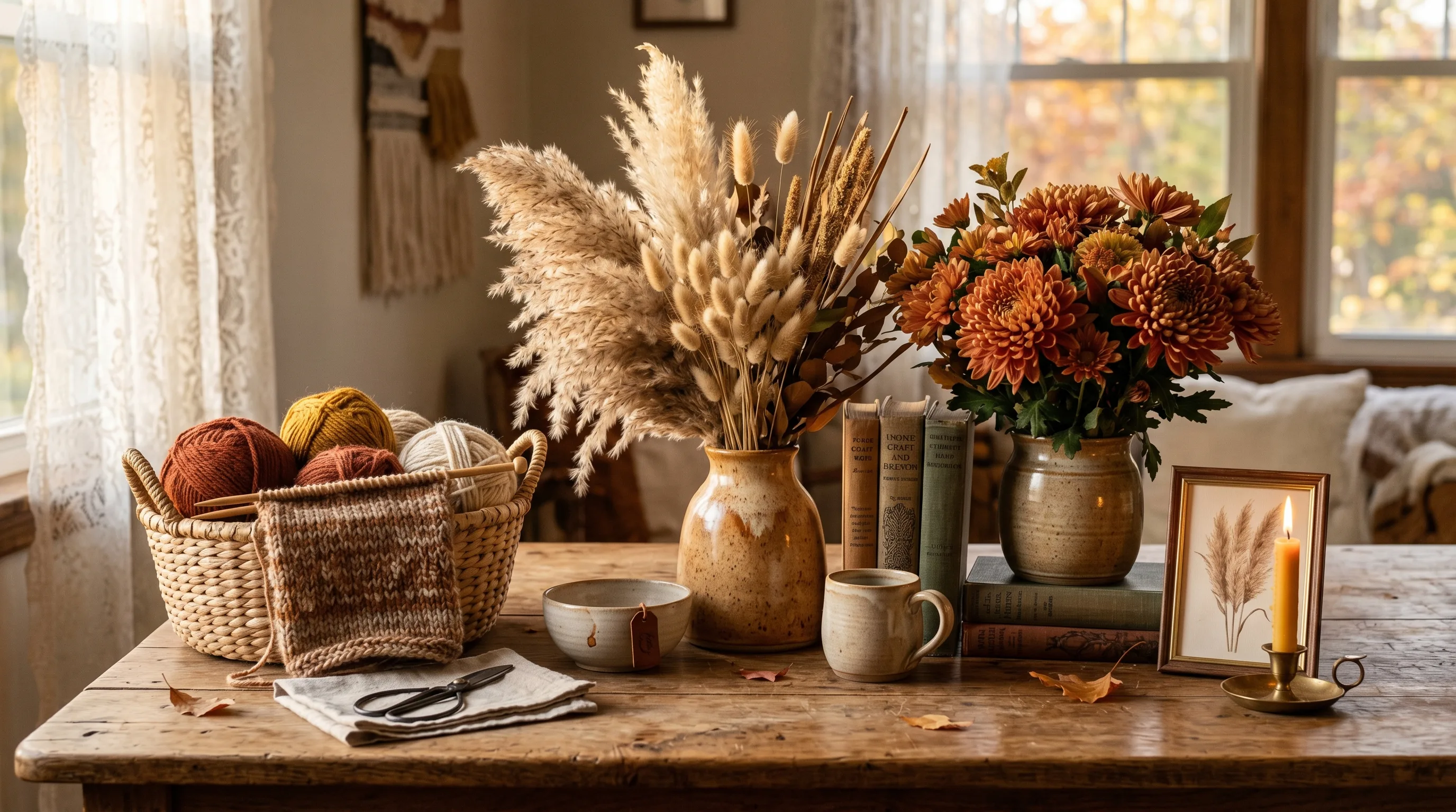 Layered fall wood craft with copper accents and dried grasses