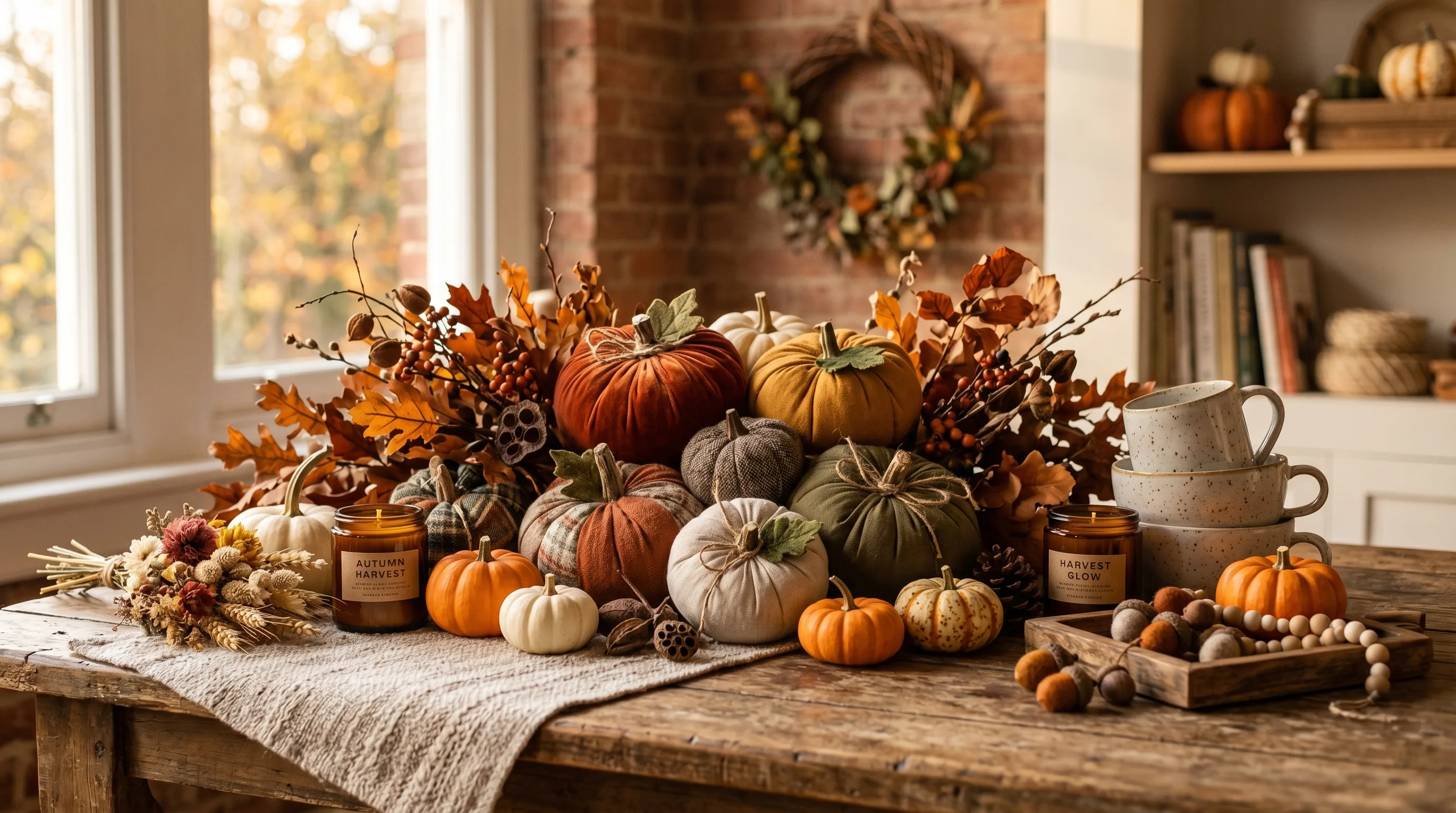 Finished fall wood craft in golden hour light