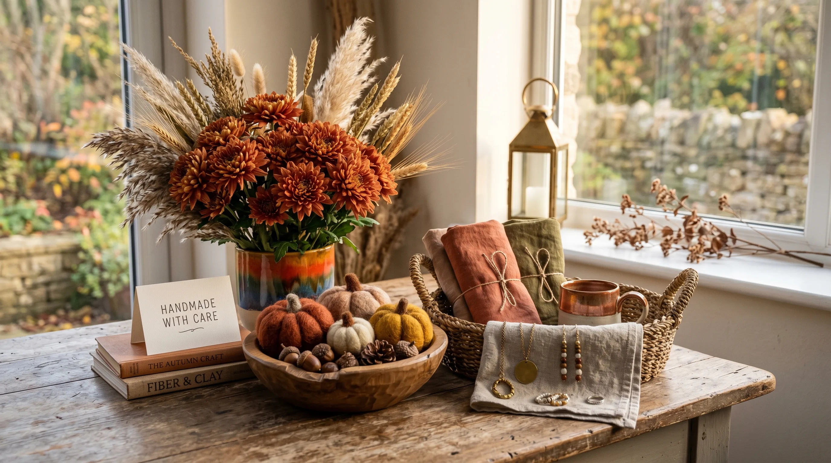 Rustic fall wood craft in late-afternoon light
