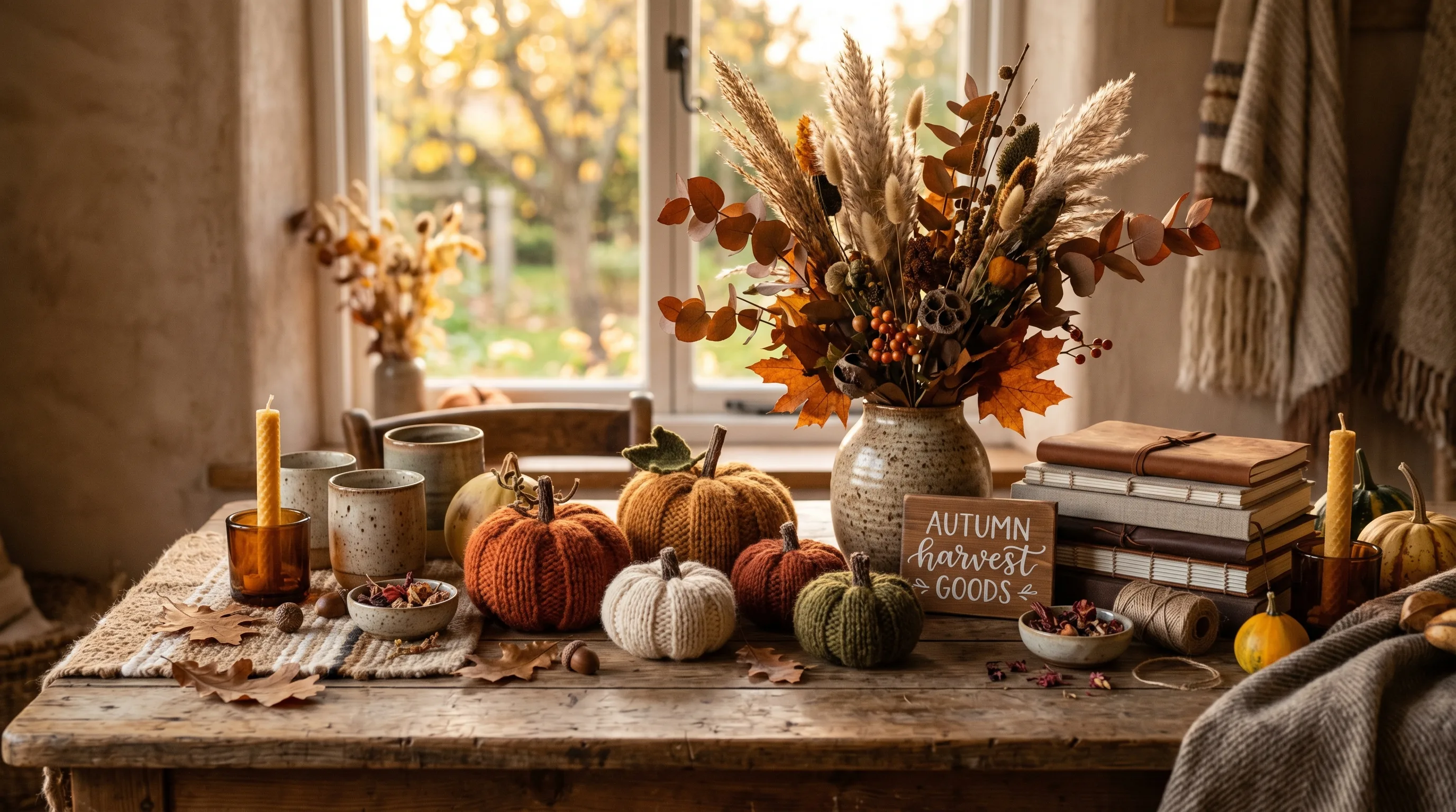 Handmade fall wood craft styled in golden hour