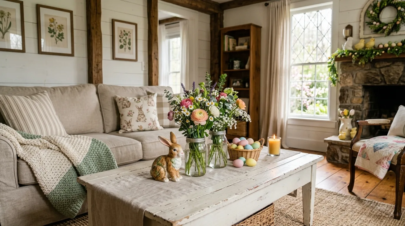Cozy farmhouse Easter living room with coffee table decor and wildflowers