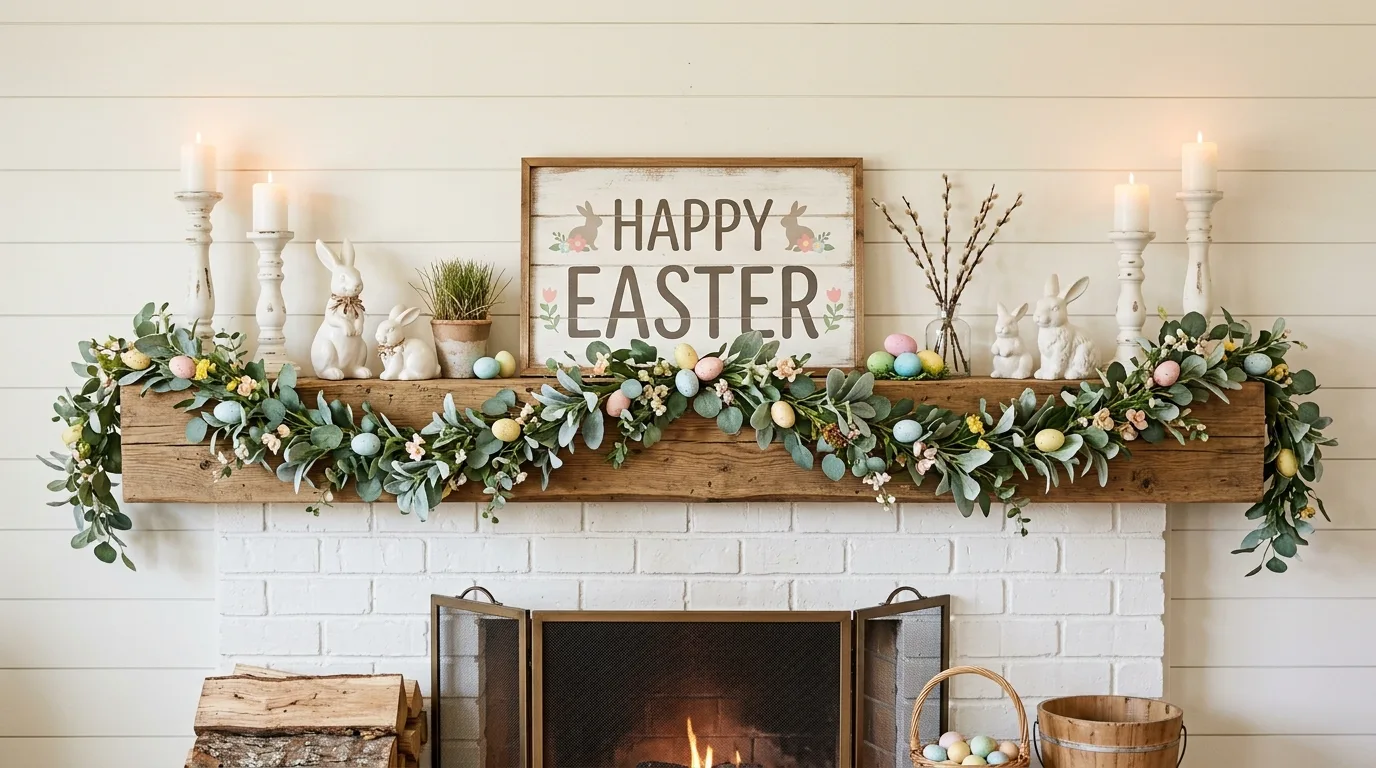 Rustic farmhouse mantel with greenery garland, Easter sign, candle holders, and ceramic rabbits