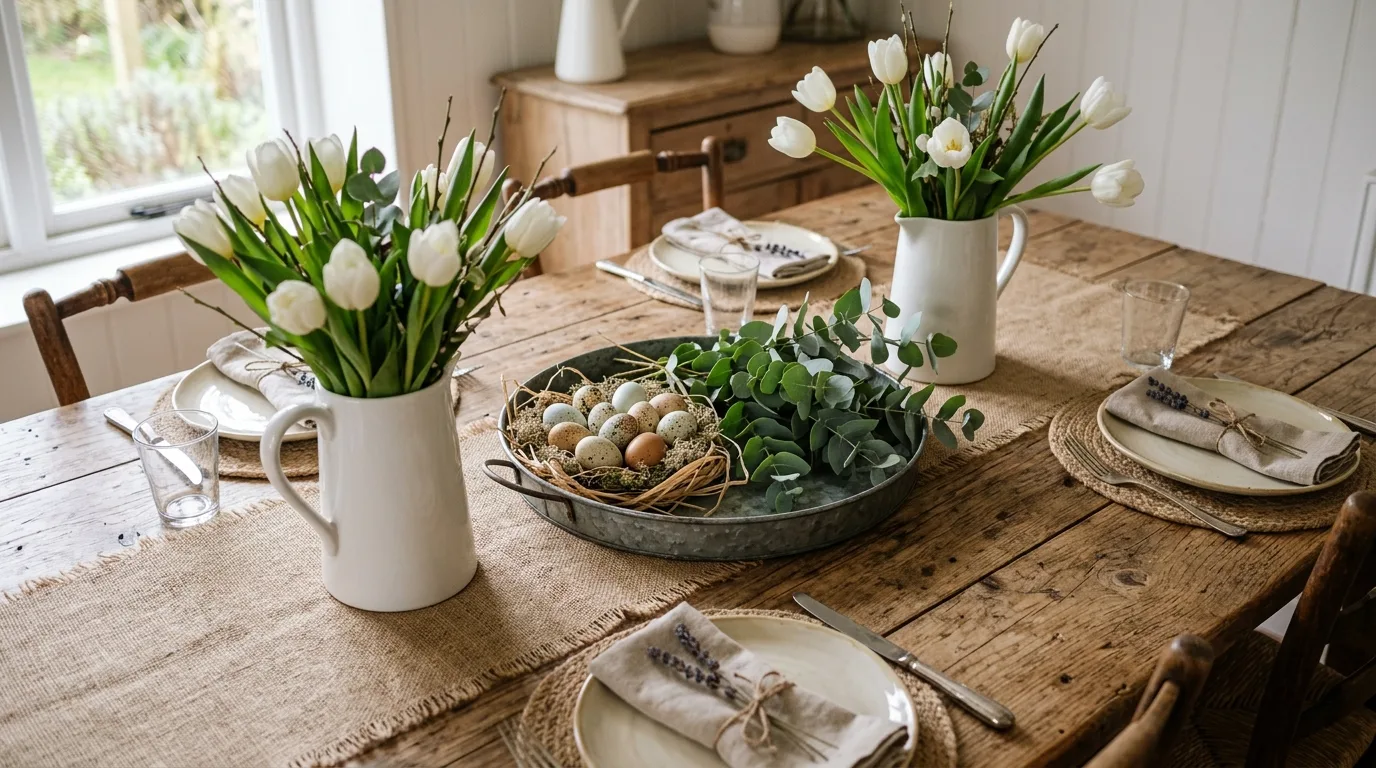 Farmhouse dining table with burlap runner, metal tray, tulips, eggs, and eucalyptus
