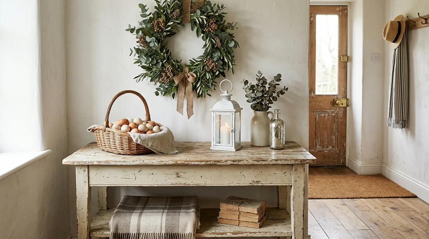 Vintage farmhouse entryway table with wicker basket, lantern, greenery wreath, and Easter accents