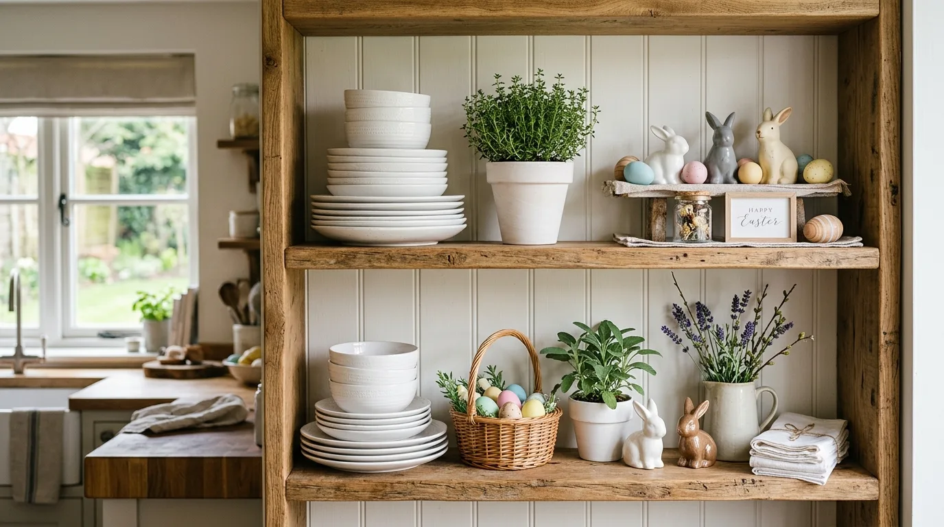Farmhouse kitchen shelf styling with white dishes, potted plants, bunny figurines, and pastel eggs