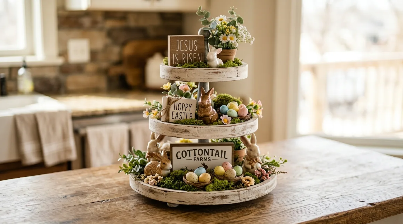 Farmhouse tiered tray Easter decor with mini signs, ceramic bunnies, moss, eggs, and flowers