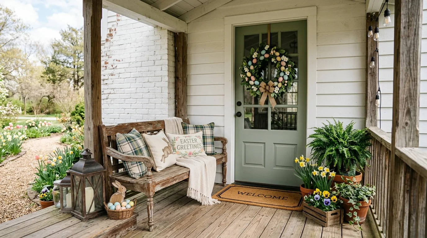 Rustic farmhouse front porch with bench, plaid cushions, lanterns, wreath, and potted plants