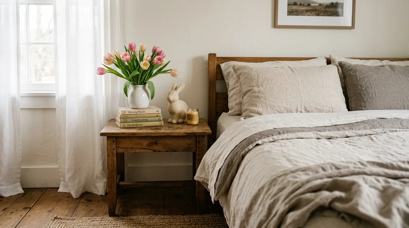 Farmhouse bedroom with wooden nightstand, white vase of tulips, ceramic bunny, and linen bedding