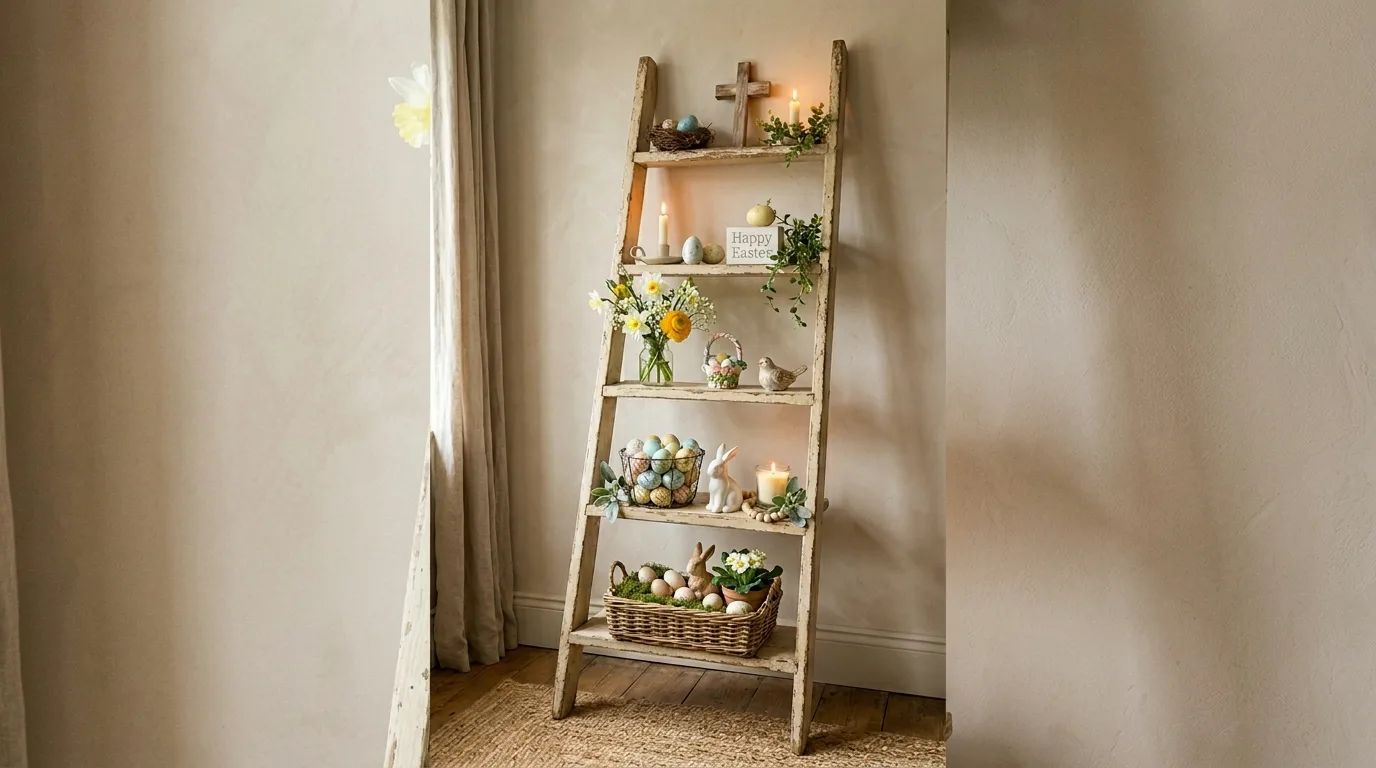 Distressed ladder shelf decorated with baskets, greenery, ceramic eggs, and candles