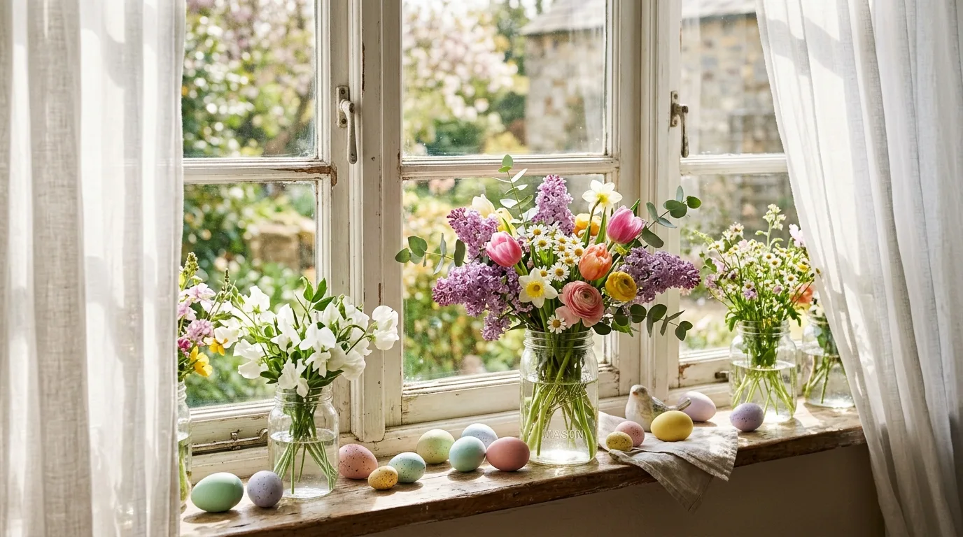 Farmhouse window sill with jars of fresh flowers, pastel eggs, and sunlight through sheer curtains