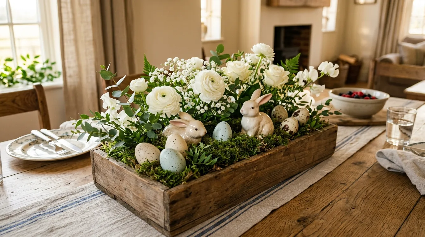 Rustic farmhouse Easter centerpiece with wooden box, moss, white flowers, ceramic bunnies, and eggs