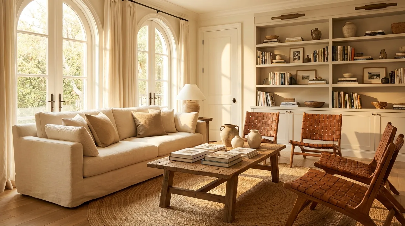 Balanced farmhouse Fourth of July decor in a neutral room