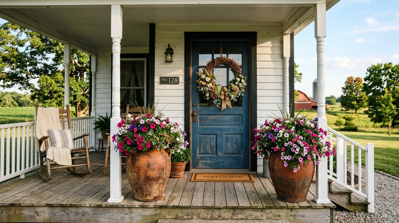 Farmhouse front porch with large ceramic flower pots and blooming petunias