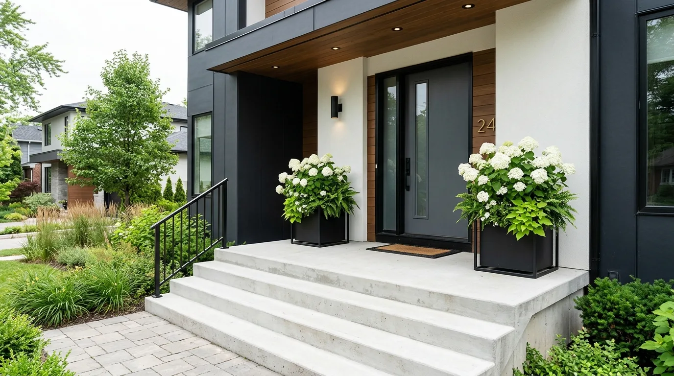 Modern front porch with black minimalist planters containing white hydrangeas and greenery