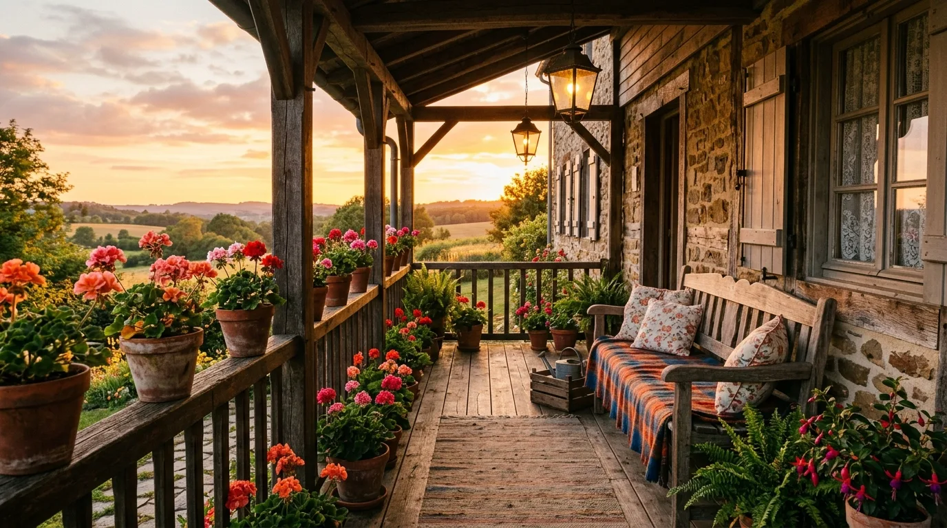 Rustic porch with terracotta pots filled with geraniums, wooden bench, and lanterns