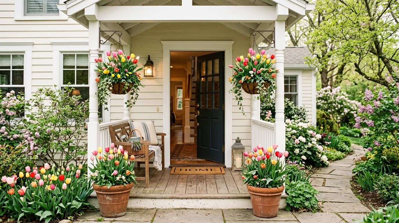 Cozy porch entryway with hanging flower baskets and matching ground pots filled with tulips