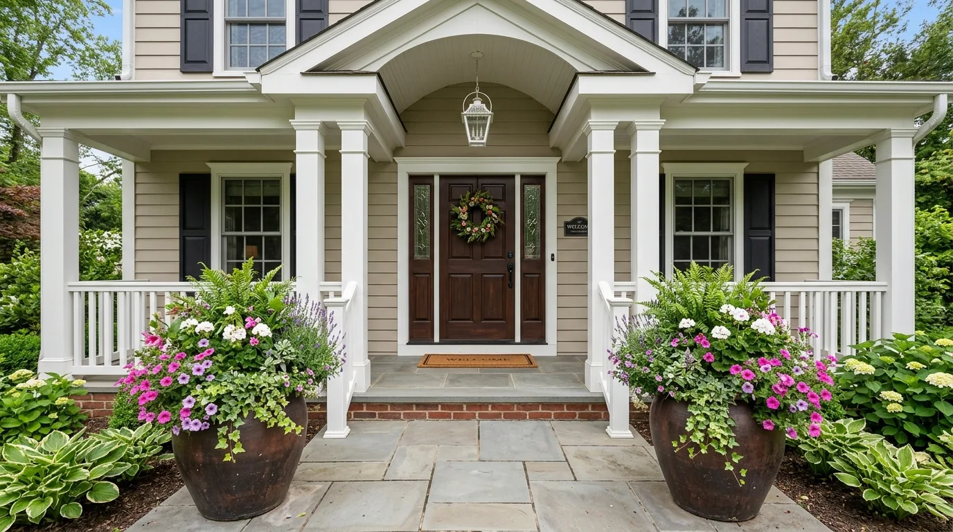 Symmetrical porch design with matching large pots on both sides of the door filled with flowers and greenery