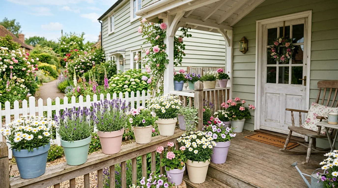 Cottage style porch with pastel painted pots filled with daisies and lavender