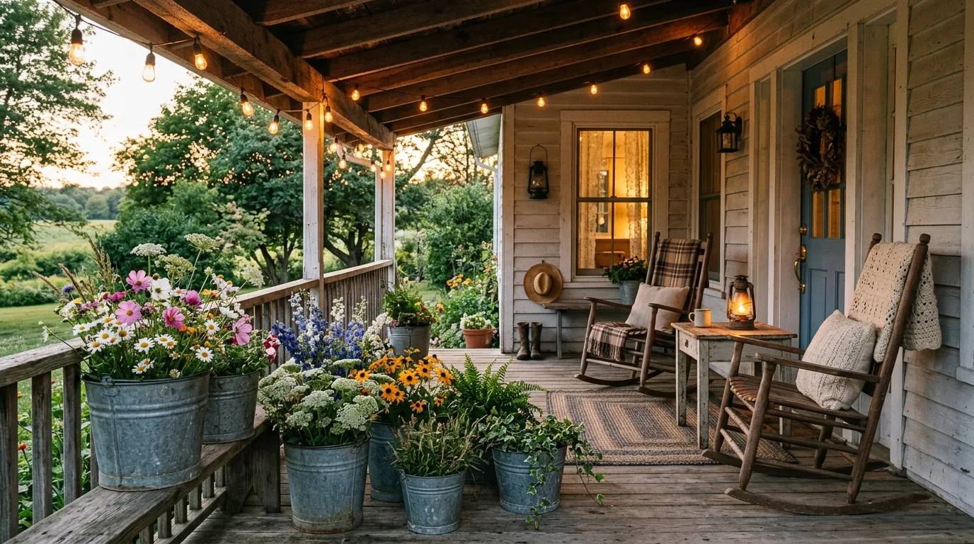 Farmhouse porch with galvanized metal buckets used as flower pots filled with wildflowers and greenery
