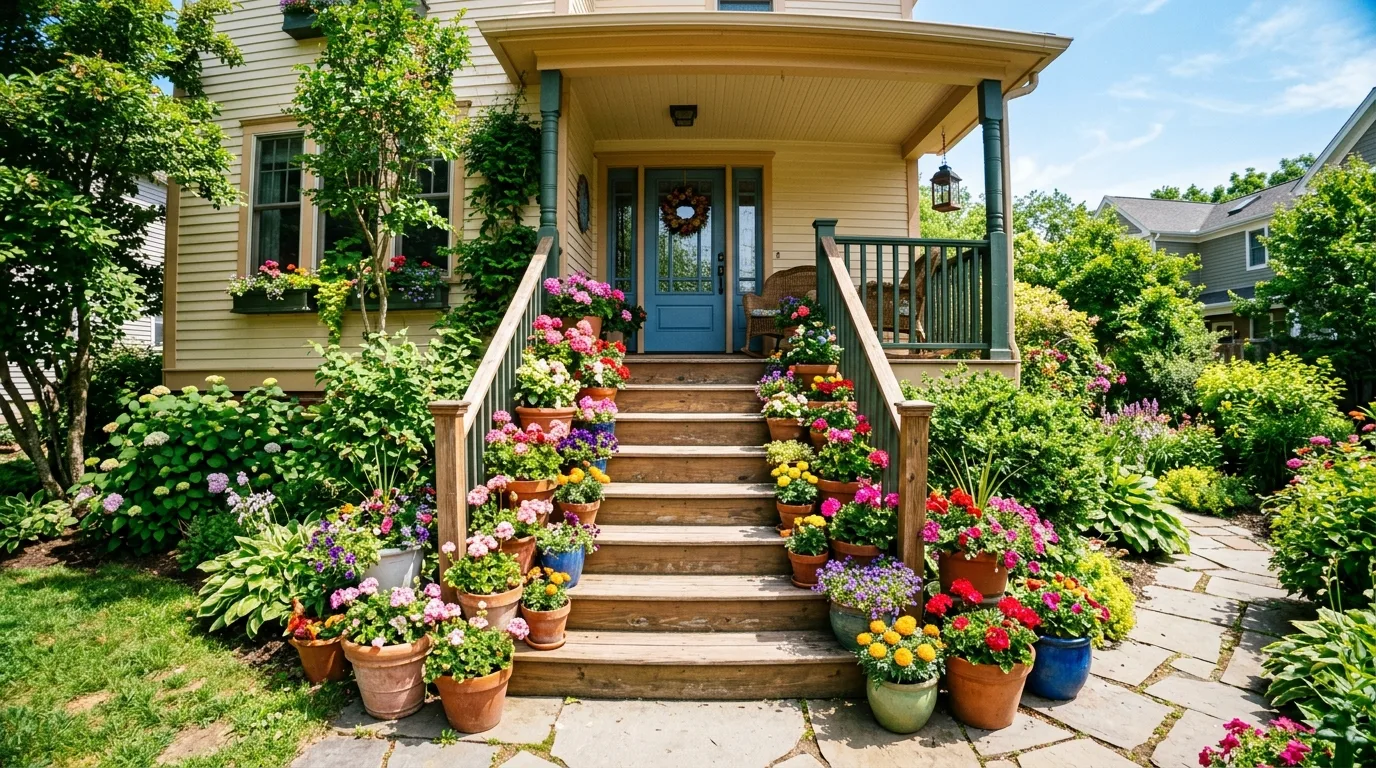 Front porch staircase lined with flower pots in varying heights filled with colorful blooms