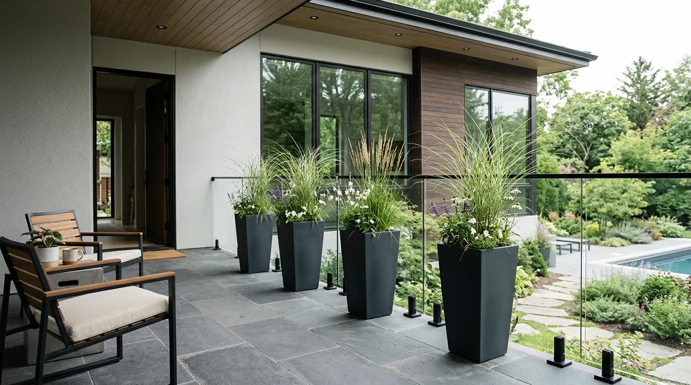 Modern porch with sleek tall planters containing ornamental grasses and minimal floral accents