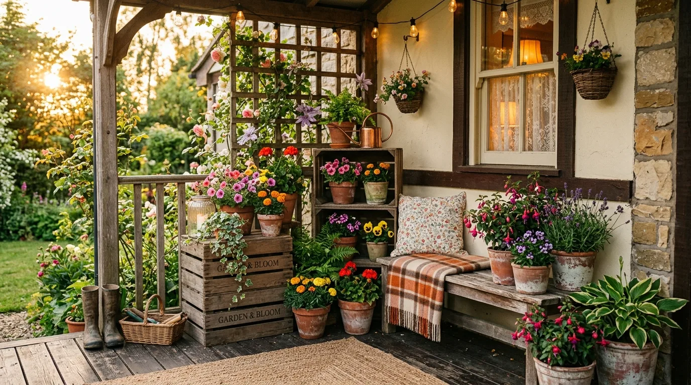 Cozy porch corner with stacked flower pots, wooden crate stands, and mixed seasonal flowers