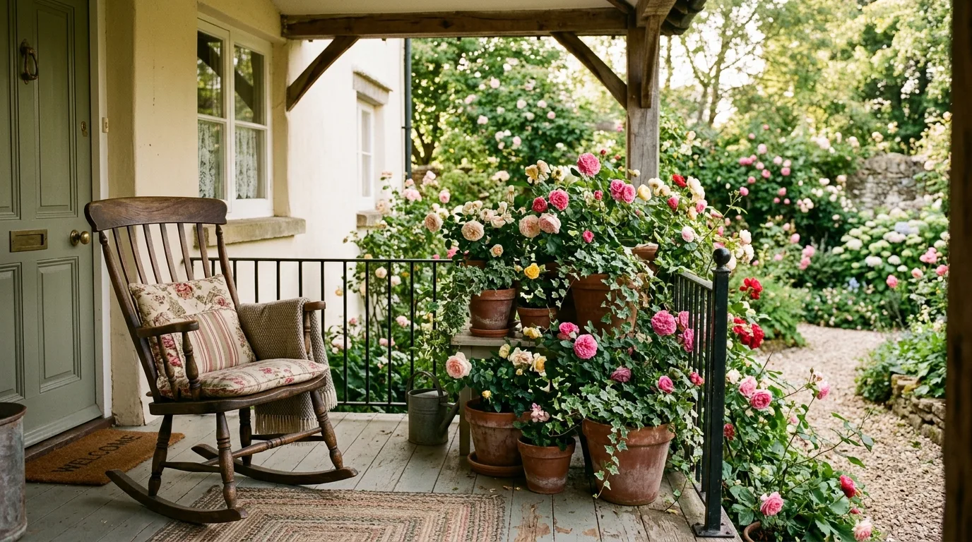 Traditional porch with clay pots filled with roses and ivy and a wooden rocking chair nearby