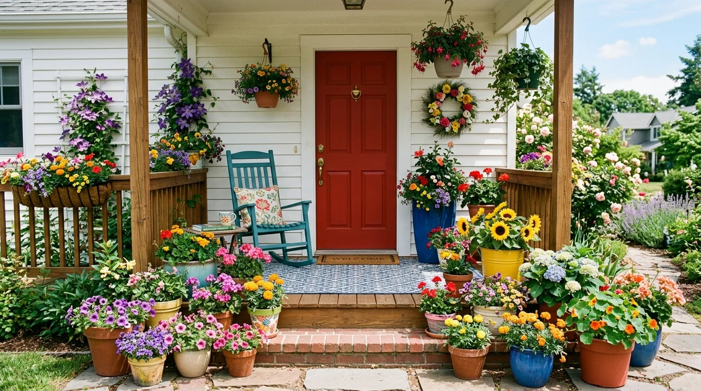 Vibrant front porch with colorful mixed flower pots arranged creatively around the entrance