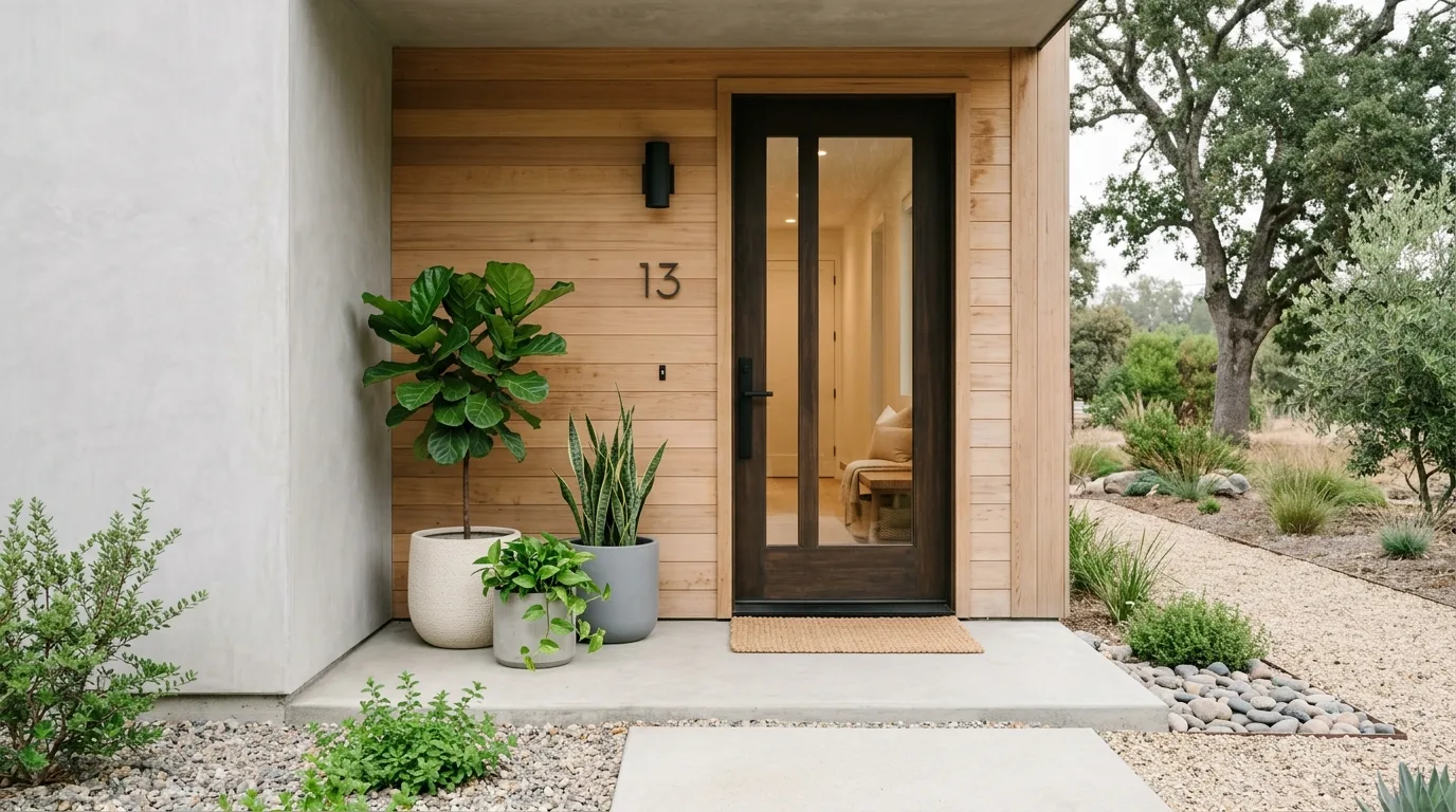 Minimalist entry porch with neutral colored pots and simple greenery